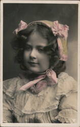 Portrait of a Young Girl with Pink Bonnet and Dress Girls Postcard Postcard Postcard