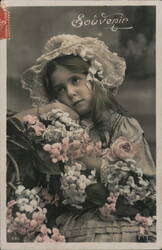 Girl with Flowers, Antique French Postcard, Sepia Tone Girls Postcard Postcard