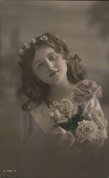 Young Girl with Roses, Hand-Tinted Portrait Postcard Girls Postcard Postcard