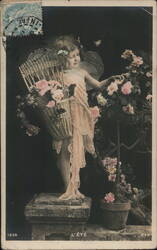 Little Fairy Girl with Roses - French Postcard Flowers Postcard Postcard