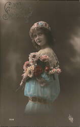 Girl with Roses, French Souvenir Postcard Girls Postcard Postcard