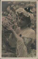 Young Woman with Flowers, Antique Postcard Women Postcard Postcard