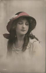 Young Woman in Red Hat, Portrait, Sepia Photo Postcard Postcard