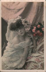 Beautiful Young Woman with Flowers and Veil, French Postcard Women Postcard Postcard