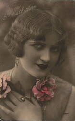 Glamorous Woman with Rose, Sepia Portrait Postcard Glamour Postcard Postcard