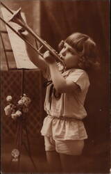 Young Girl Playing Trombone, Vintage Real Photo Postcard Postcard