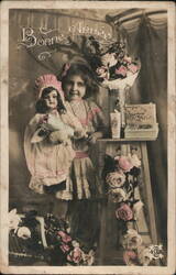 Little Girl with Doll & Chocolat Vinay, New Year's Greeting Postcard