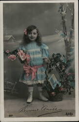 Girl with Roses and Gift, Bonne Année French New Year Postcard Postcard