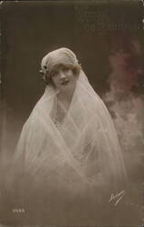 Voeux de Bonheur: Woman in Bridal Veil, Vintage Postcard Postcard