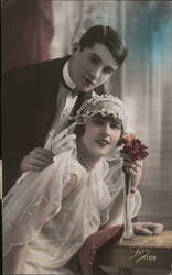 Wedding Portrait: Romantic Couple with Rose, c. 1920s Postcard