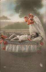 Baby in Cradle with Red Bows, French Postcard Postcard