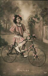 Girl on Flower-Decorated Bicycle, c. 1910s, Sepia Bicycles Postcard Postcard Postcard