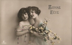 Two Girls with Flowers, Bonne Fête Greeting Postcard Postcard Postcard