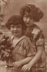 Two Girls with Flowers - Vintage Portrait Postcard Children Postcard Postcard