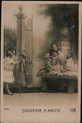 Three Girls with Antique Camera and Doll, French Postcard Postcard