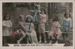 Seven Children with Doll on Bench, Antique French Postcard Postcard