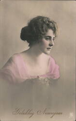 Happy New Year, Beautiful Woman with Pink Dress, Dutch Postcard Postcard