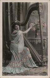 Woman Playing Harp, Iris Postcard, Antique Photo Postcard