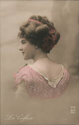 La Coiffure, Woman with Elaborate Hairstyle, Pink Dress Postcard