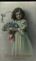 Girl with Forget-Me-Nots, Birthday Greeting, German Postcard Postcard