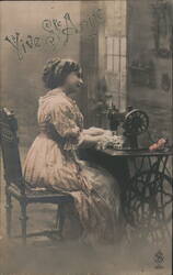 Woman Sewing, St. Anne's Day Postcard, c. 1911 Postcard Postcard