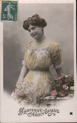 Woman with Flowers, Happy Birthday Postcard, c. 1910s Postcard