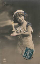 Bonne Nuit: Little Girl with Candle, Vintage French Postcard Children Postcard Postcard