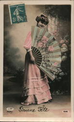 Bonne Fête: Woman with Fan, Pink Dress, French Postcard Birthday Postcard Postcard