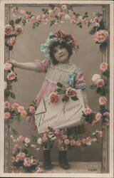 Little Girl with Bonne Année Sign, Pink Dress, Floral Border Postcard