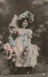 Bonne Fete: Girl with Fan & Flowers, French Holiday Postcard Girls Postcard Postcard