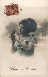 Beautiful Woman with Bird, Bonne Année Greeting Postcard