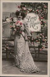 Bonne Année: Lady in Gown with Flowers, French New Year Postcard Postcard