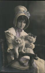 Woman with Two Cats, Antique Postcard Postcard Postcard