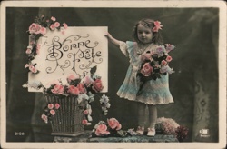 Little Girl with Bonne Fete Sign & Flowers - French Postcard Postcard