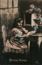 Little Girl Reading a Letter, Bonne Annee, French Postcard Girls Postcard Postcard