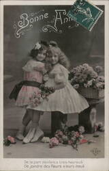 Two Girls with Flowers, Bonne Année, Vintage French Postcard Postcard