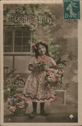 Girl with Flower Baskets, Bonne Fete French Postcard Girls Postcard Postcard