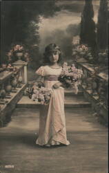 Girl with Lilac Bouquet, Antique Postcard Girls Postcard Postcard