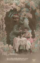 Romantic Couple, Fête d'Amour, Embracing Under Floral Arch Postcard