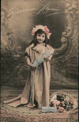 Girl with Diploma & Flowers, Happy New Year, French Postcard Postcard