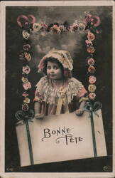 Bonne Fête: Little Girl with Sign, Vintage French Postcard Postcard