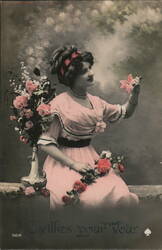 Pink Dress Lady with Flowers, French Postcard Postcard