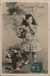 Happy New Year Girl with Flower Baskets - French Postcard Postcard