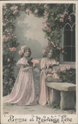 Two Girls with Roses, Bonne et Heureuse Fête Postcard Postcard Postcard