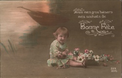 Bonne Fête: Toddler with Flower Basket, French Postcard Flowers Postcard Postcard