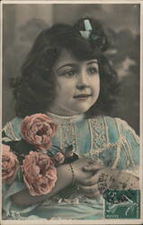 Young Girl with Roses, French Postcard, c. 1912 Girls Postcard Postcard