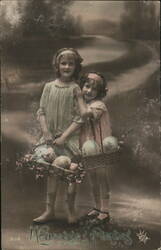 Two Girls with Easter Baskets, Vintage French Postcard With Children Postcard Postcard