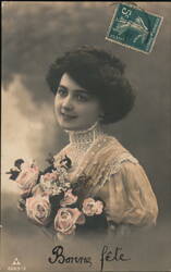 Beautiful Woman with Roses - Bonne Fête Greeting Postcard