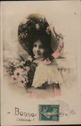 Girl with Flowers and Large Hat, Vintage French Postcard Postcard