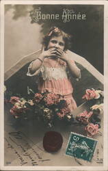 Bonne Année: Girl with Hands Over Mouth, New Year Postcard Postcard